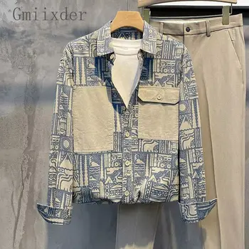 Весенне-осенняя персонализированная блузка, рубашка с принтом в стиле ретро, мужская корейская версия, повседневная рабочая рубашка с лацканами и длинным рукавом с полным принтом, куртка