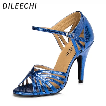 DILEECHI/ женские синие золотисто-красные туфли для латиноамериканских танцев из искусственной кожи на высоком каблуке 10 см, современные танцевальные туфли